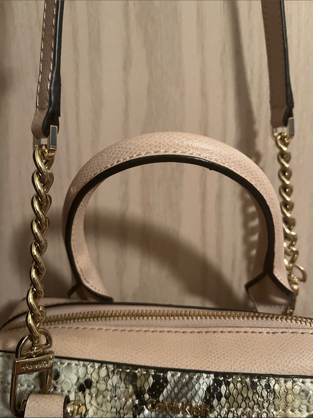 Calvin Klein Blush Beige Python-Print Satchel - Picture 5 of 13